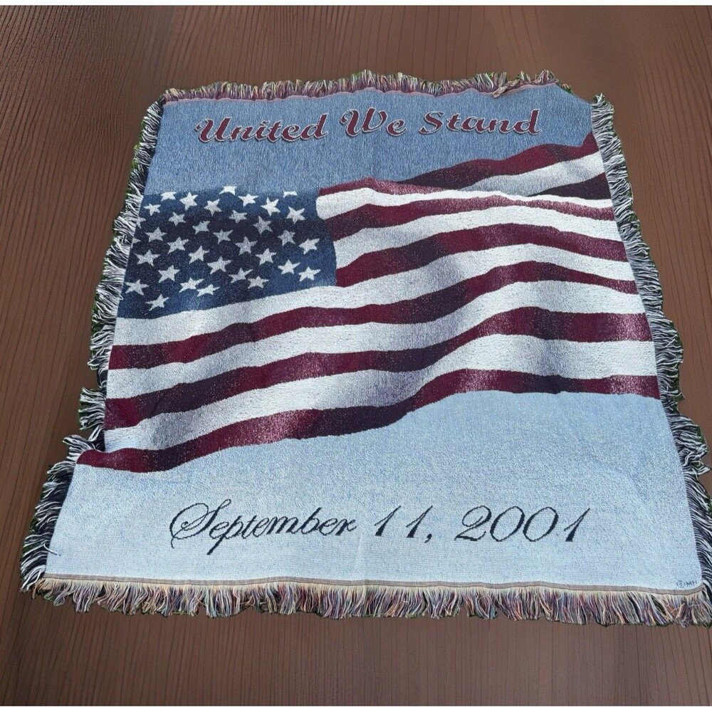 Vintage Fringe American Flag September 11 2001 Blanket 45” X 52”